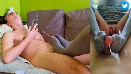 I receive a sockjob with shiny and super soft gray sheer socks