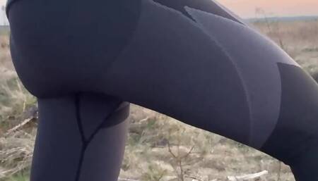 Sexy ass leggins in forest teen boy flash tease slim body
