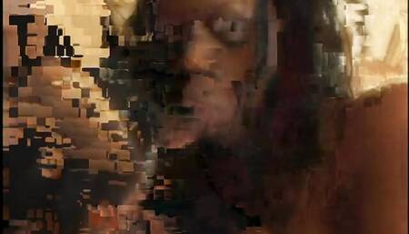 Two ebony honeys share one hard cock in front of the fireplace