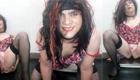 Pretty cd fucking dildo in sexy dress