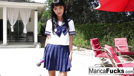 Schoolgirl Marica walks through the house before