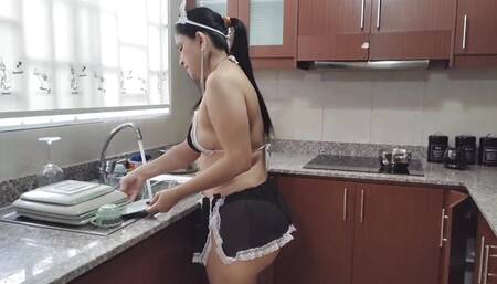 The maid girl fucked with her boss in the kitchen