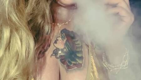 Newport - Lady Smoker in her Golden Bikini - Deep Inhales, Nose exhales, Long drag, Smoke rings, Cough, Long blonde hair, Long red nails, Red lipstick