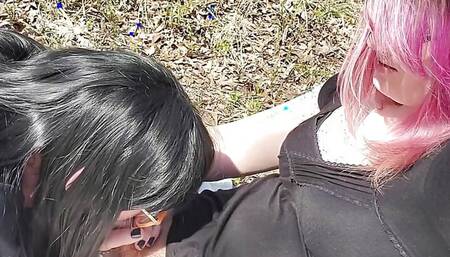 Goth trans girl gets her cock sucked outside by trans goth girlfriend