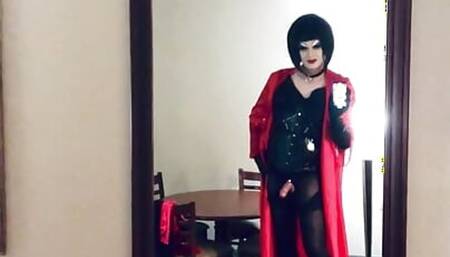 Heavy makeup sissy in PVC in hotel room after getting fucked by random