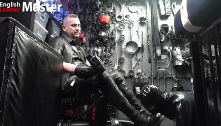 Rubber gimp licks and worships leather Master's boots PREVIEW