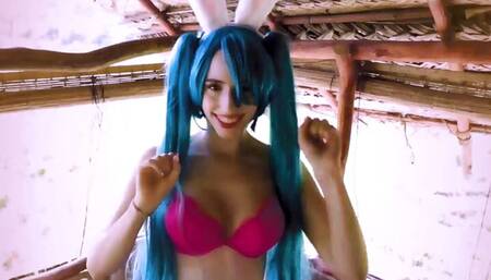 Stunning cosplayergirl gets banged bareback in jungle tree house, MIKU IN WONDERLAND