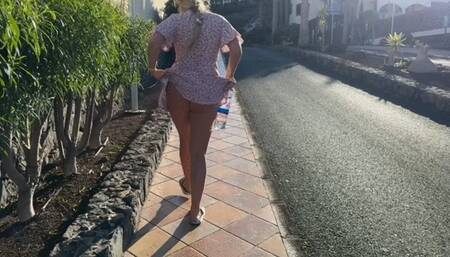 No panties pussy flash walking in hotel