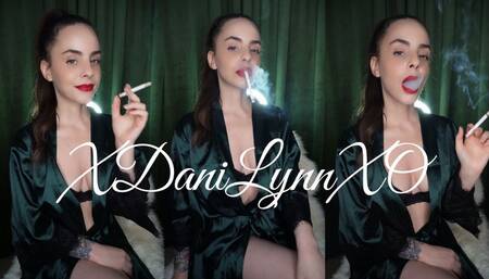 Smoking Wearing Satin Robe