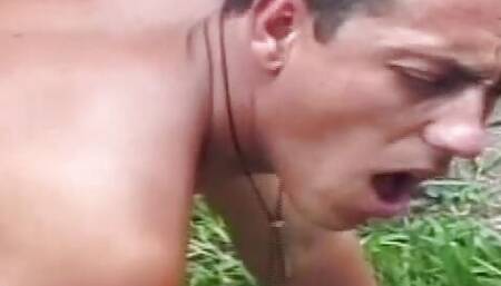 Two guys fuck their girls asses outside before having deep anal sex