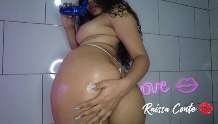 Naughty girlfriend put oil on her ass and masturbated with dildo in her pussy