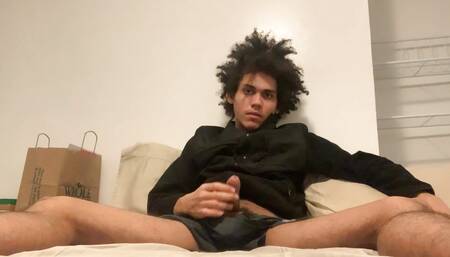 Kinky hair Hispanic teen touches himself and masturbates