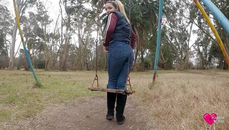 I play on the swing with my big dildo