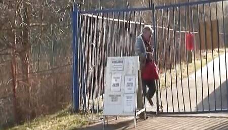 A Beautiful German Teen Gets Her Muff Sprayed by an Old Dude in Public
