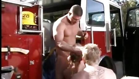 Stunning Blonde Babe Gets Both Her Holes Pounded Outdoors by Two Firemen
