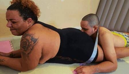 BBW farting in the mouth and nose of this submissive guy