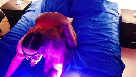 The leggings split with that big rich pussy the cuckold watching as his wife sucks it all off me