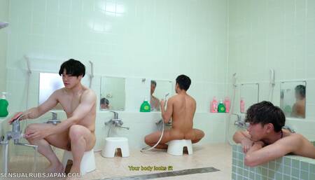 Friends Erect Cocks In Public Bathhouse