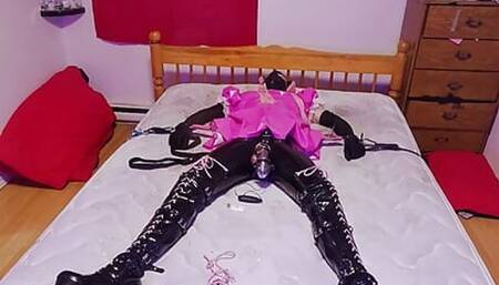 Sissy Maid Strapped to Bed Spread Eagle in Chastity with Vibrating Sheath and Tens Unit