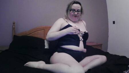 wife shows off big tits on cam in black silk lingerie