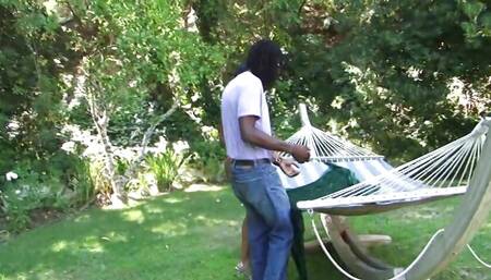 Horny black babe warms up by masturbating then gets fucked by black hunk