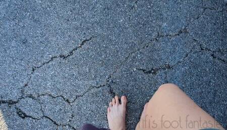 Fifi leaving store barefoot walking through parking lot then playing with the pedals and driving