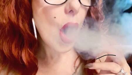 Worship - Exhausted and increasingly demanding lungs - Chain of two Lucky Strikes - Puffs in your face, Smoker's cough, Mouth Inhales and open mouth exhales, Deep Inhales, Multiple pumps, Puffs, Smoke rings, Nose exhales, nylon clothing, redhead, Makeup,