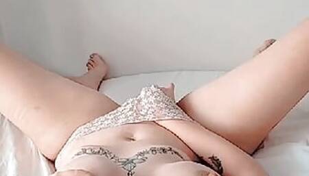 Lexi masturbating in the morning. White panties, big tits topless,  Cums quick