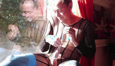 Crossdresser cumshot in a window