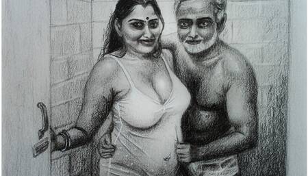Erotic Art Or Drawing Sexy Desi Indian Woman inside Bathroom with Father In Law