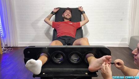 Hunk Matt Dimitri endures tickles cock strokes while tied up