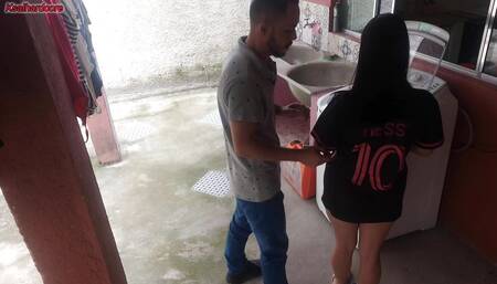 Married housewife pays washing machine technician with her ass while husband is away