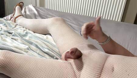 MATURE TVROSE CROSSDRESSER IN WHITE BODY STOCKING PLAYING WITH BIG OILED GIRLY COCK