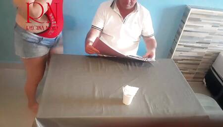 Naked waitress. Restaurant guest eats from the waitress's navel. c1 short