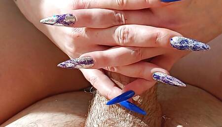 Fetish for long sharp nails on a big dick. Hand fetish, dick head scratching