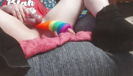 Chastity trans fucks self with big toys