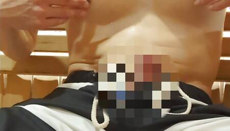 Nipple play in Sauna.Dick of handsome guy get erection by nipple masturbation.
