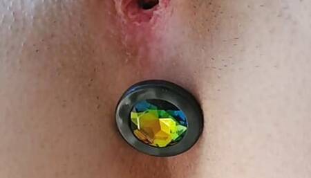 Wet pussy closeup anal plug passionate orgasm