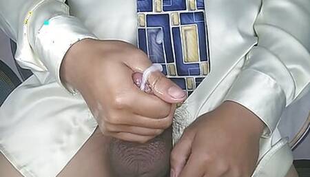 Playing in satin shirt and tie - Masturbate and fingering