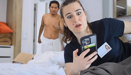 Latin boy catches the maid with his iPhone.