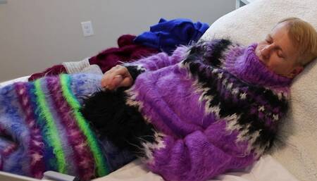 Sweater Fetish Mohair and Angora. In a fleece sweater bed with several of my fetish sweaters for a little fun.