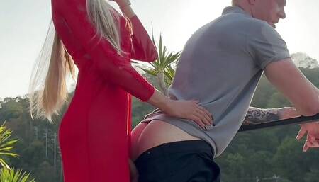 Tall Asian blonde Ladyboy dominates and fuck with pornstar Magic Michel outdoor