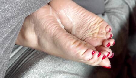 My Pretty Red Latina Toes and soles getting cum covered