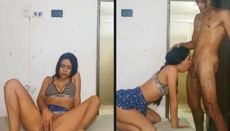 STEPSISTER TOUCHES HER VAGINA WHILE SEE ON HER STEPBROTHER BATHING