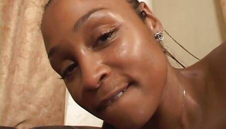 Ebony babe gets hot cum after fucking a black dick on the sofa