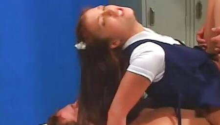 Brown hair student babe gets cum after sweet double penetration in locker room