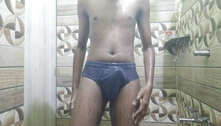 My young twink teasing me his skinny body in bathroom while wearing an underwear and showing off his slim body