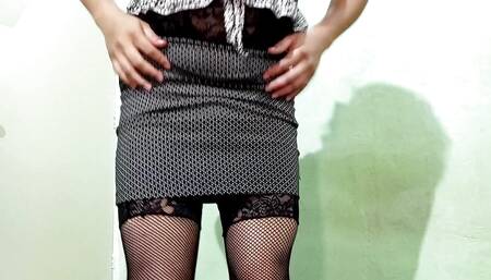 Mature trans girl in miniskirt and lingerie