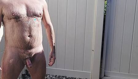 Wet fur! Hairy daddy bear showers outdoors and blows a huge load!