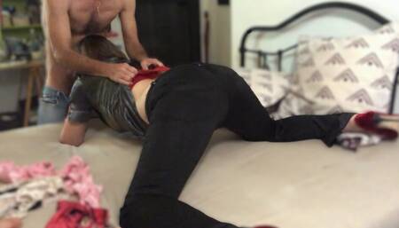 099 - French Amateur, Black Leather Pants, Red Satin Bodysuit, Heels,, POV,,, Spanking